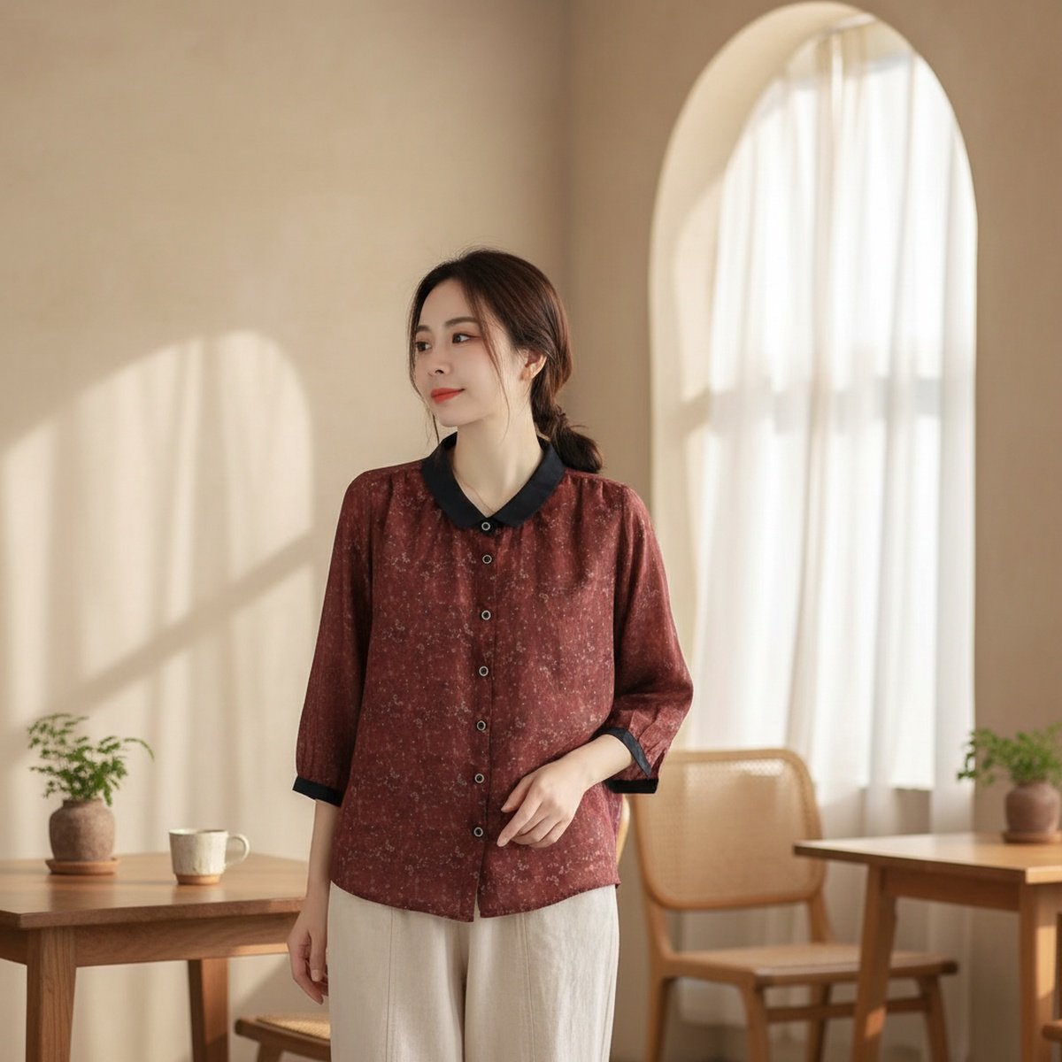 신상 여름 여성복 프린트 셔츠 코튼 마 문예 멜란 가디건 칼라 칠부 소매 캐주얼 셔츠녀