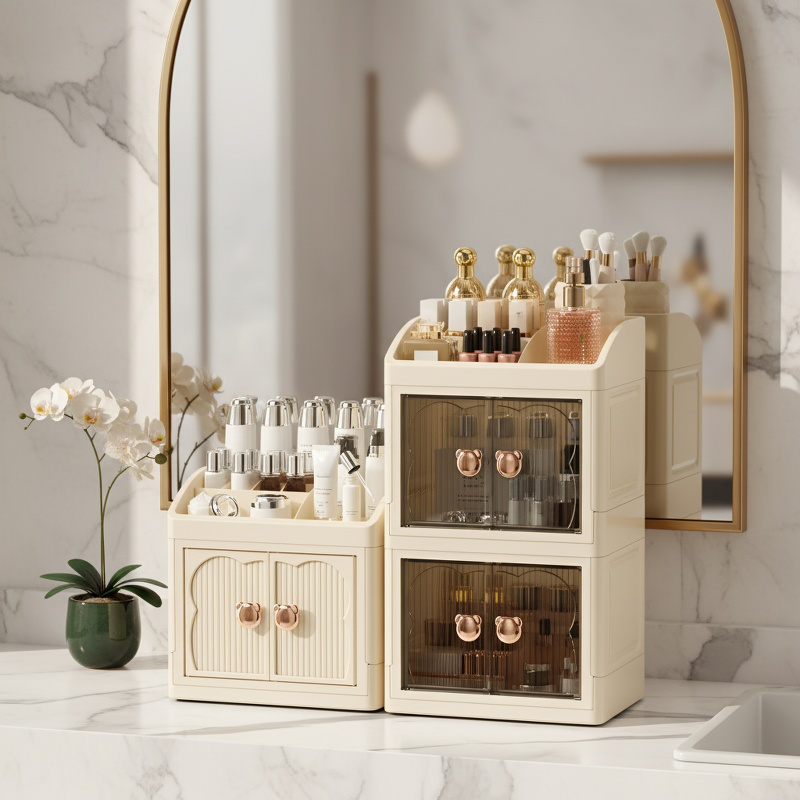 Boîte de rangement cosmétique multifonctionnelle à tiroirs anti-poussière pour le bureau à domicile