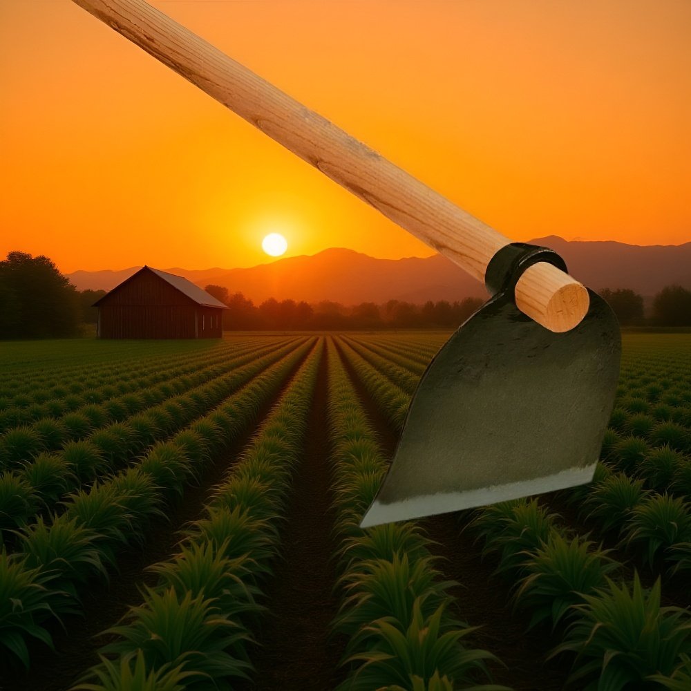 Magyar: Egyedi logóval ellátott, kovácsolt kerti gyomirtó kapa fa nyéllel