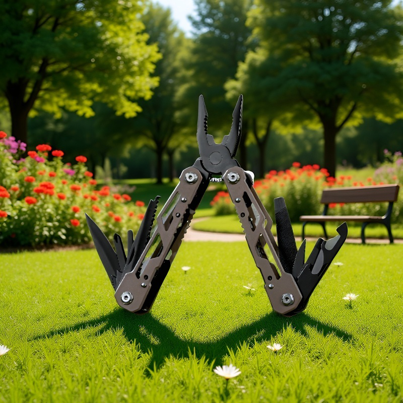 Foldable stainless steel tool being used for hiking