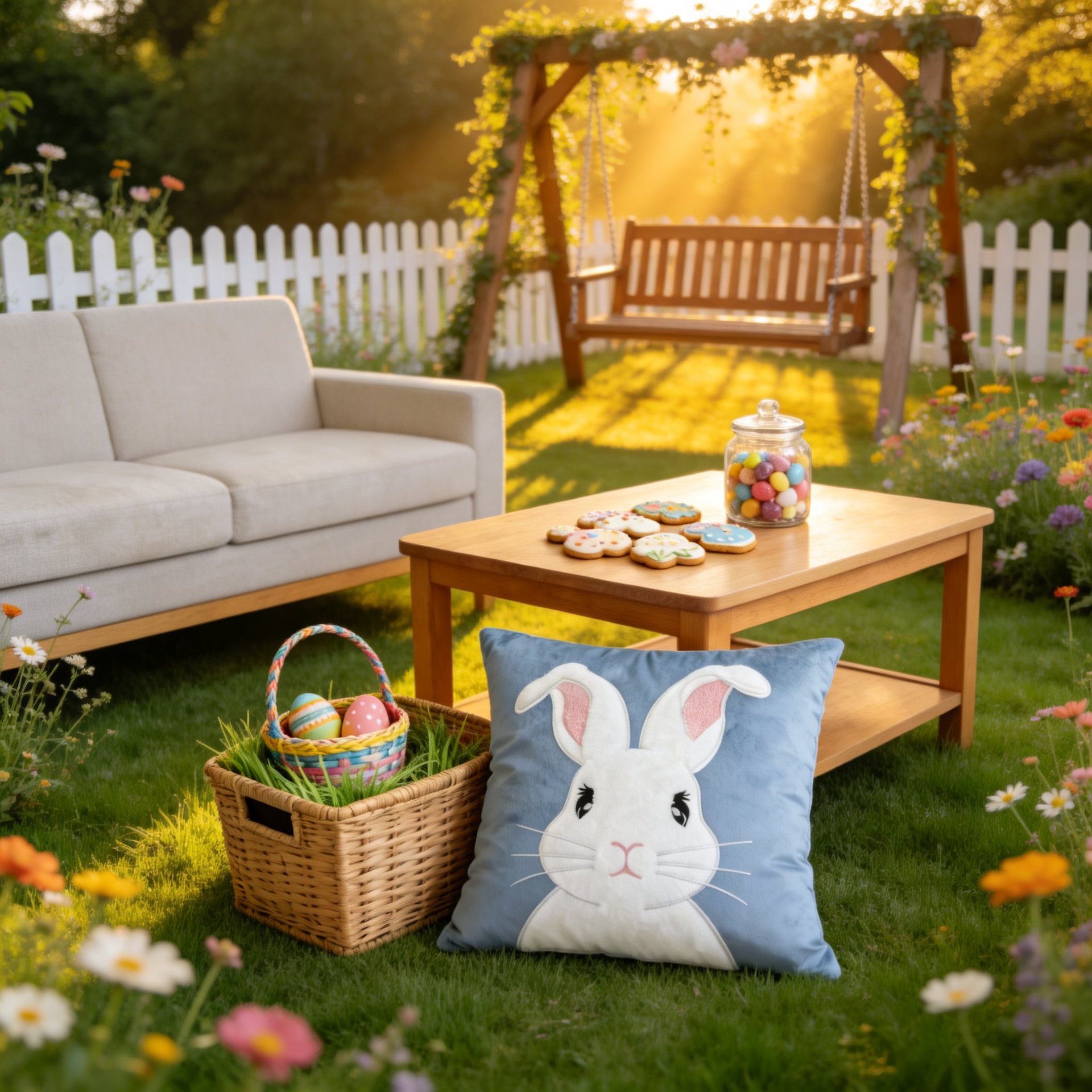 Cute embroidered Easter bunny pillow cover on sofa