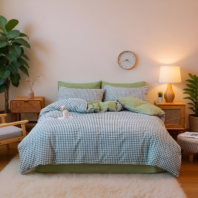 침구 순면 체크 시트 학생이 침대 시트를 측량하다 순면 체크 학생 침대 시트