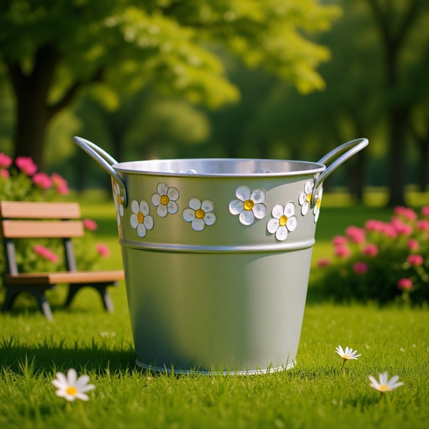 Decorative container holding assorted dried flowers