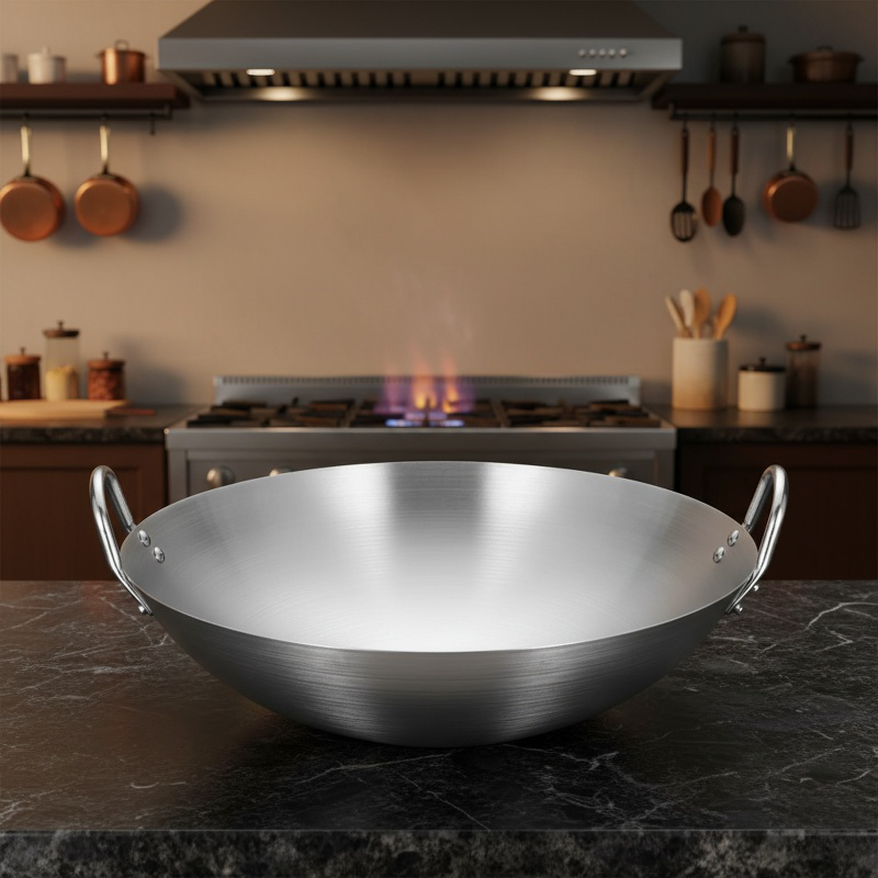 Large Stainless Steel Frying Pan for Restaurant, Double Ear Chef Frying Pan