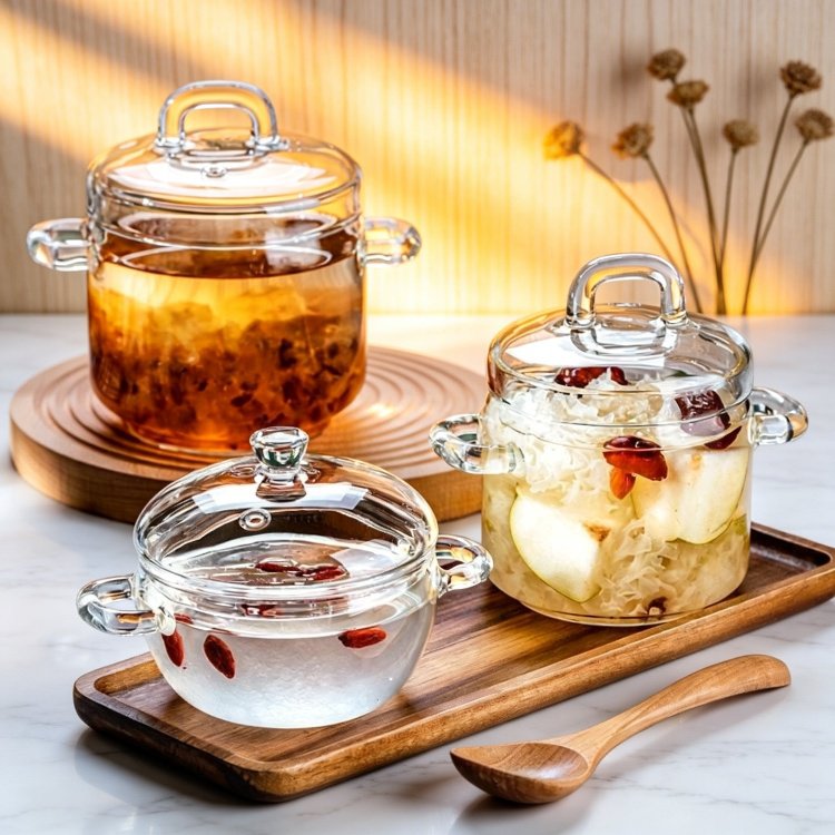Heat Resistant Glass Soup Pot for Household, Double Handle Stew and Steamed Egg Pot