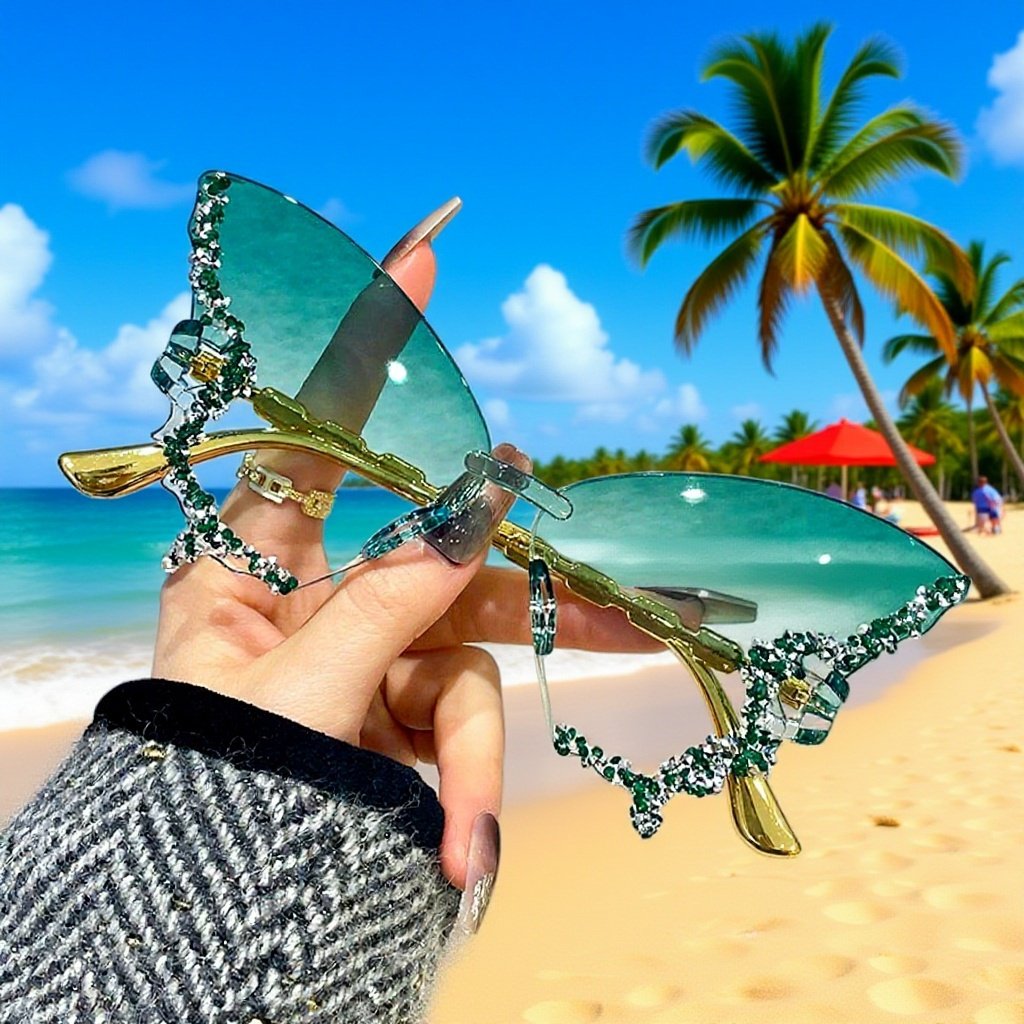 Gafas de sol sin marco con forma de mariposa y diamantes incrustados