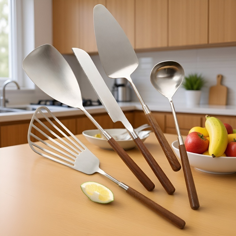 家庭用ヘラ ウォールナット・キッチン雑貨 クッキングステンレスヘラ ケーキ・スープ・スプーン・ナイフ・ヘラ ナイフ ヘラセット 鍋用食器