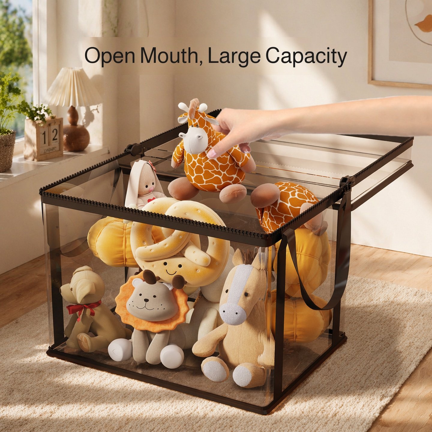 Household transparent toy storage box with lid, plush toy basket, building block and snack organizer