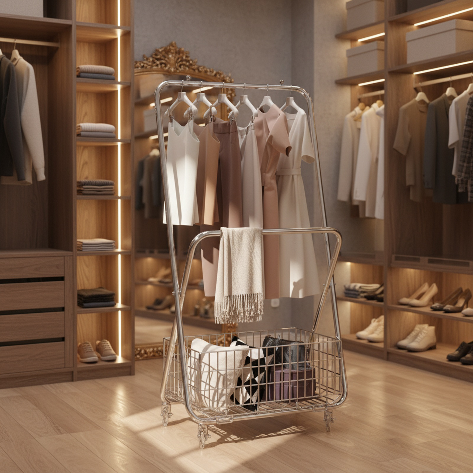 床置き洋服ラック フロアベッドルームコートラック 厚みのある金属製 キャスター付き バルコニー洋服ラック フレーム付き