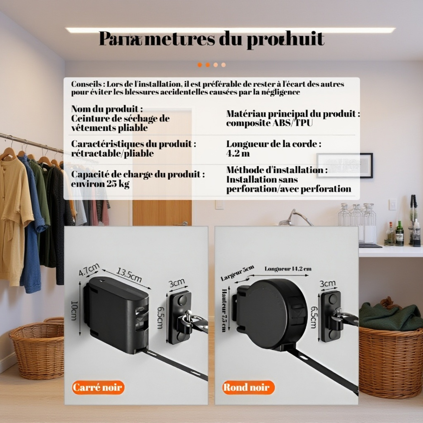 Corde à linge murale avec boucle de positionnement invisible pour ceintures
