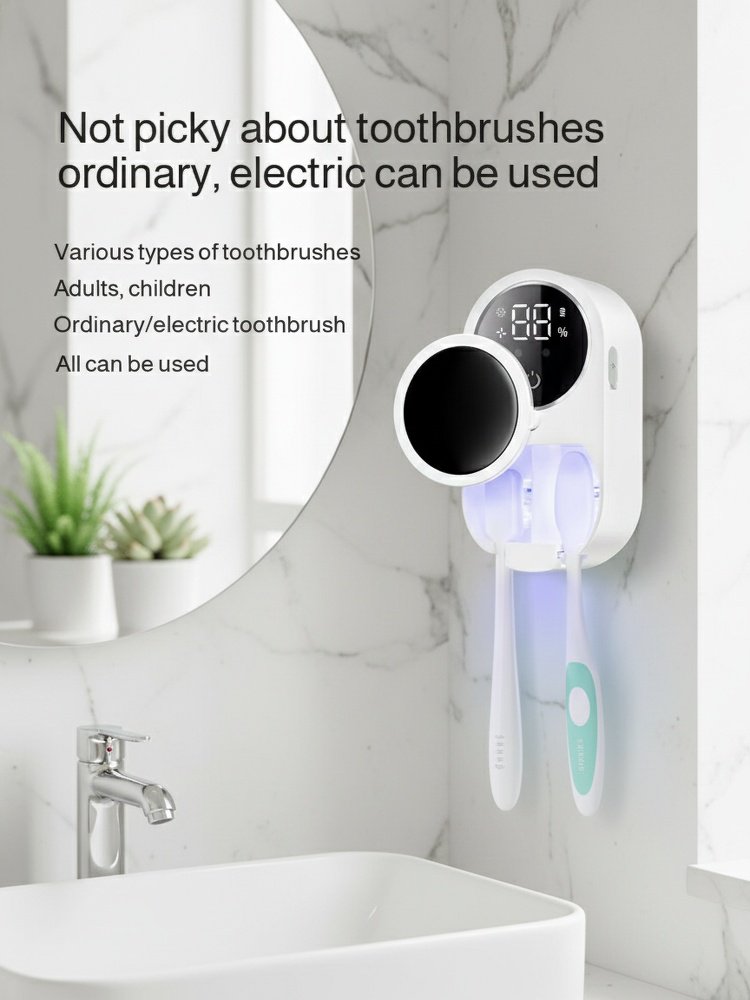 Easy installation no-drill UV toothbrush holder with digital display