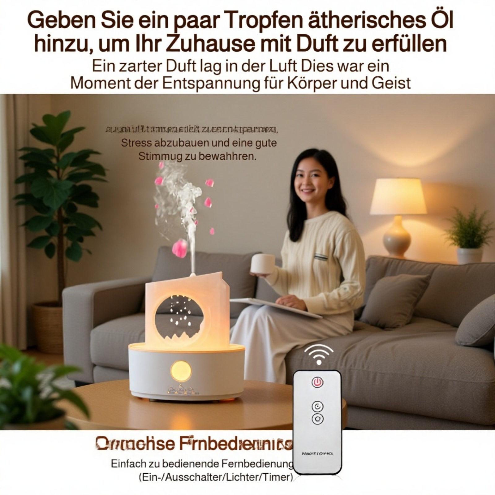 Stilvoller Luftbefeuchter mit Zeit- und Aromafunktion auf dem Nachttisch