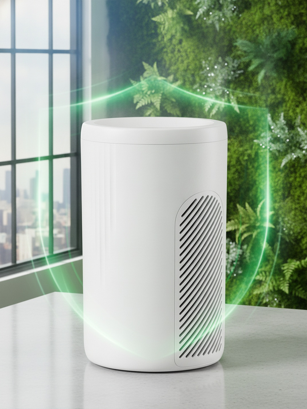Air purifier device on home office desk
