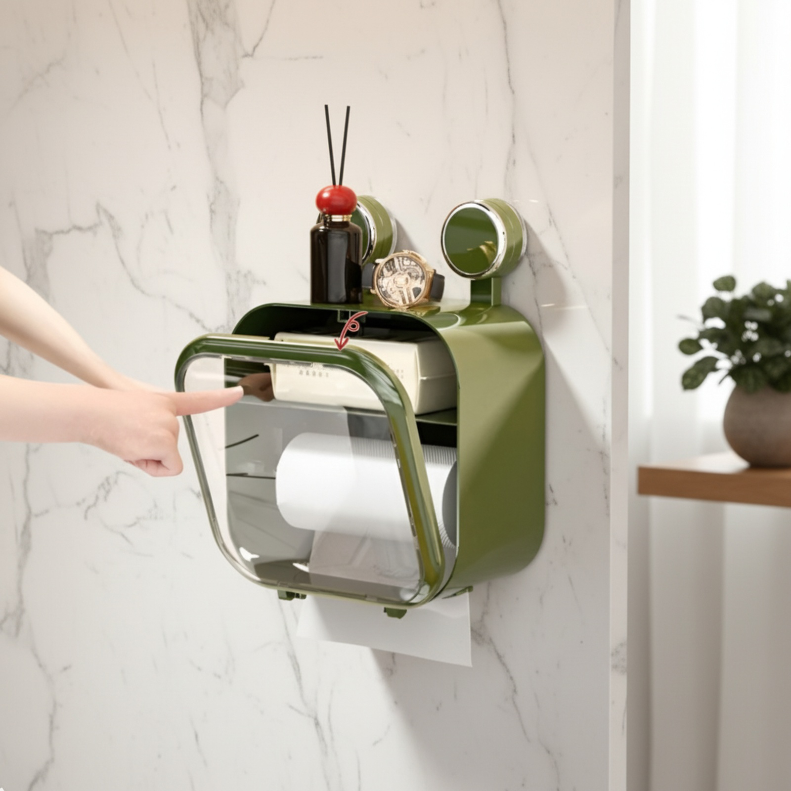 Close-up of suction toilet paper holder with tissue roll