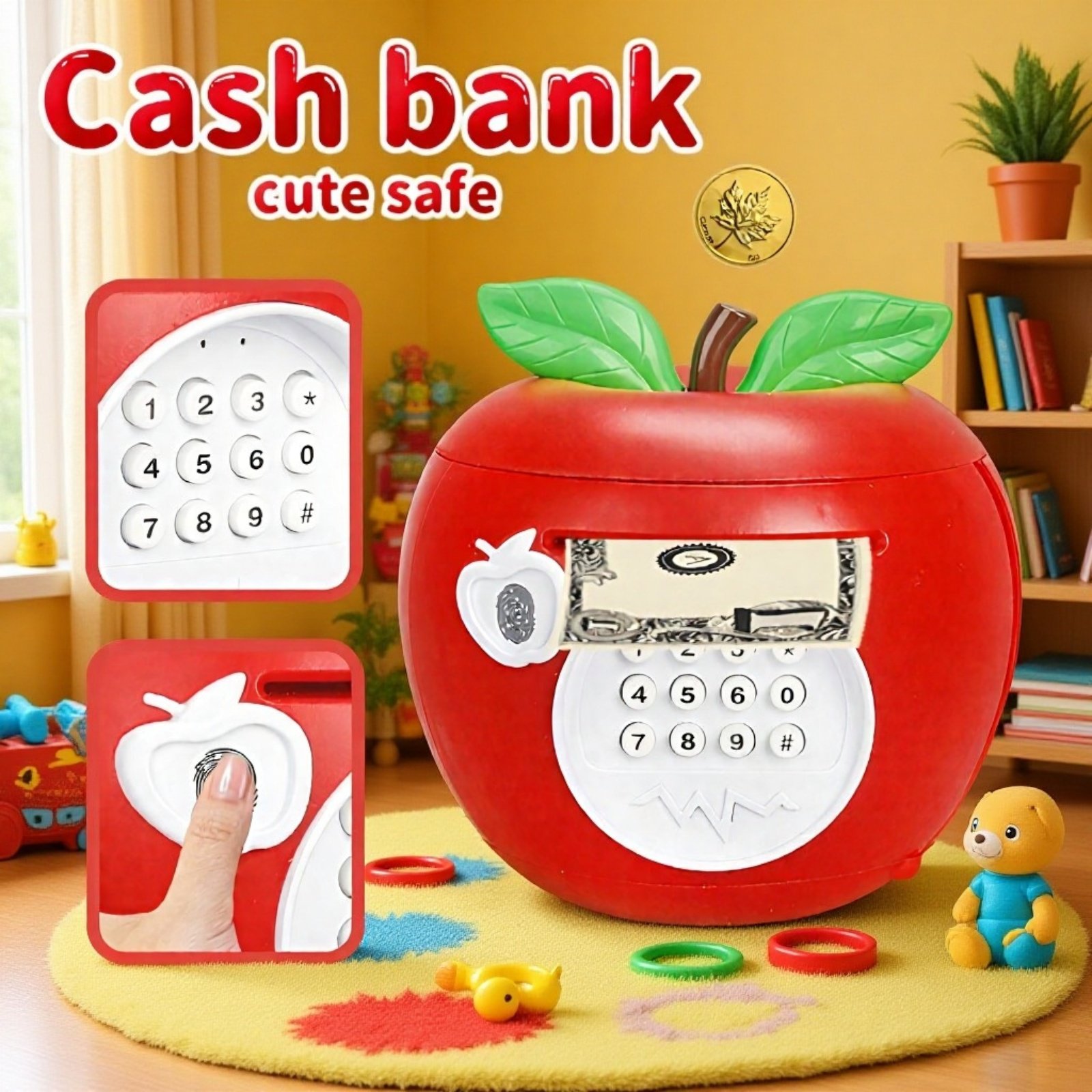 New cross-border children's apple-shaped piggy bank with fingerprint password, creative small mini s