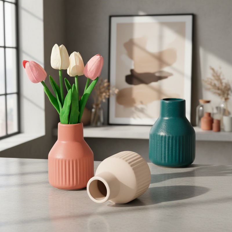 Minimalist ceramic vase ornament in matte white European design
