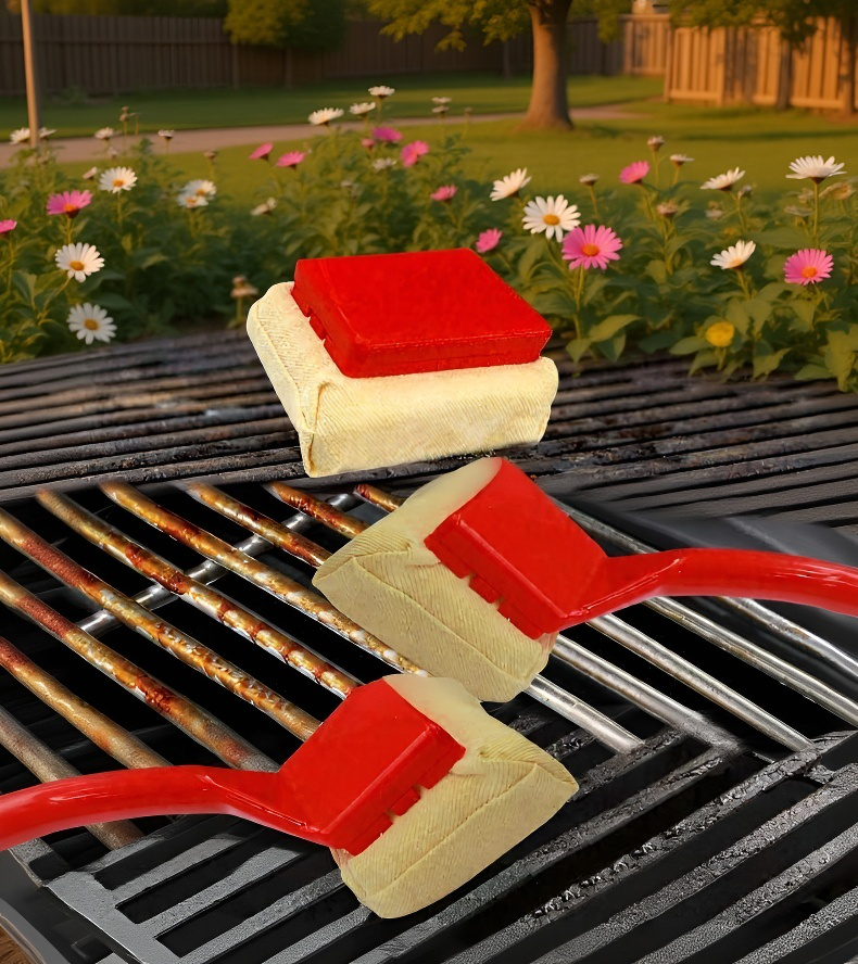 강력한 오일 오염 제거 브러시로 그릴 청소하는 모습