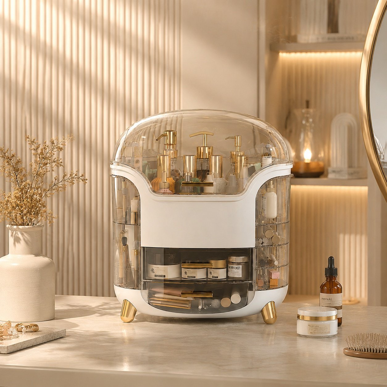 Durable and stylish cosmetic storage box for vanity