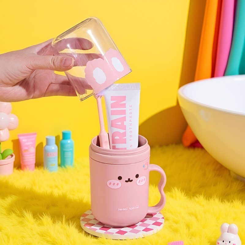  Utazási fogmosó készlet aranyos fogkefetartóval és pohárral