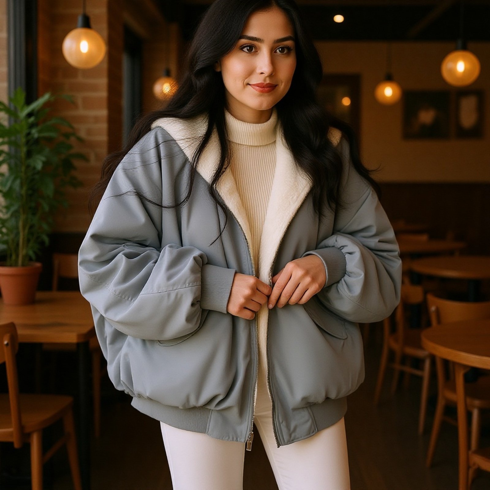 フード付き裏起毛厚手レディースコート