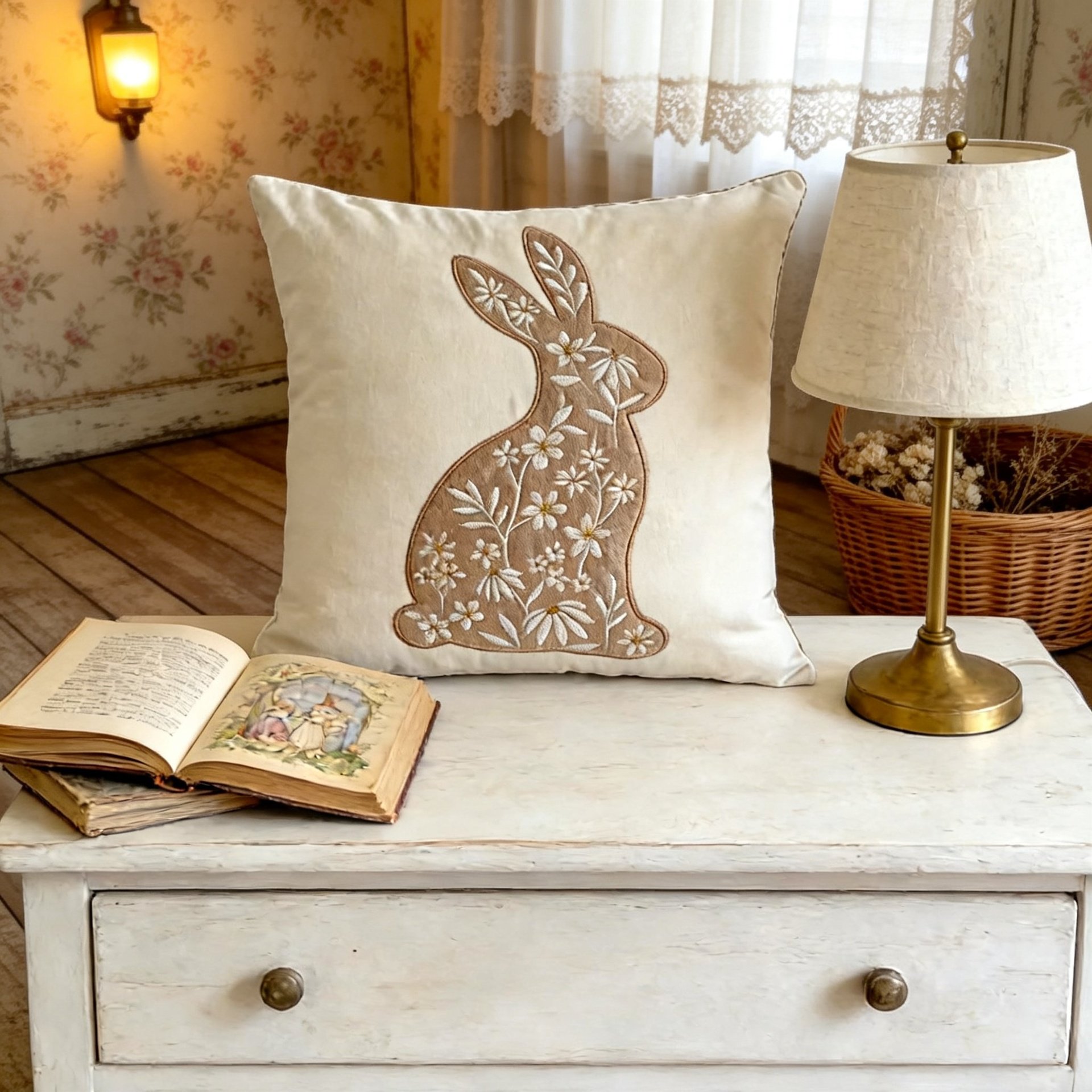Close-up of embroidery on Easter bunny pillow case