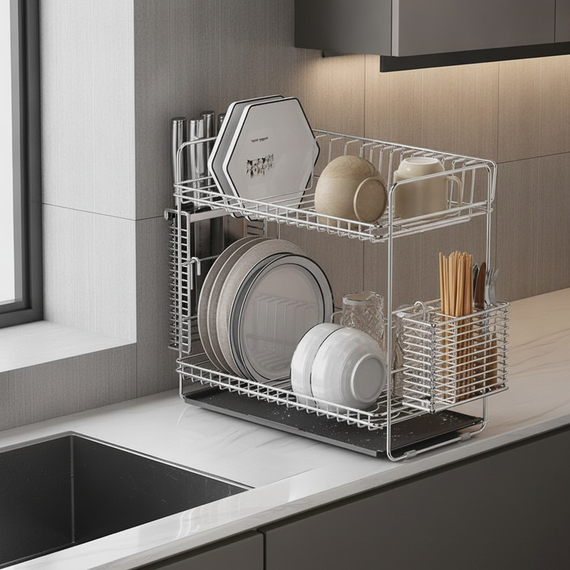 Kitchen Drain Rack 304 Stainless Steel Double Layer Dish Organizer