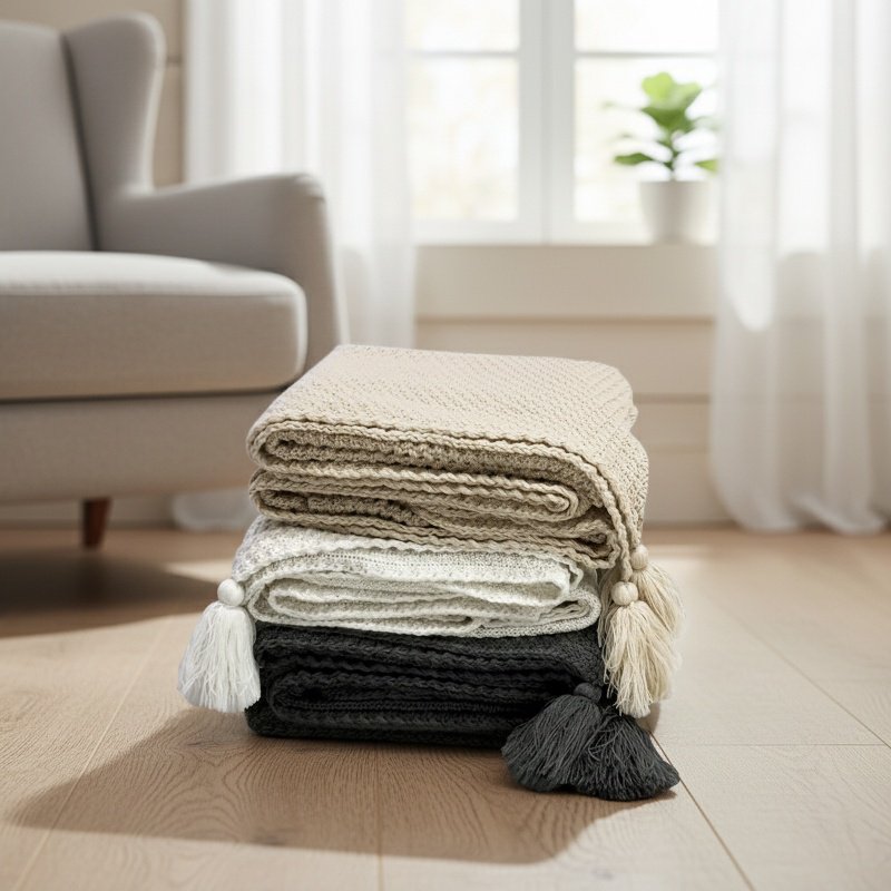 Knitted woolen throw adding warmth to modern workspace