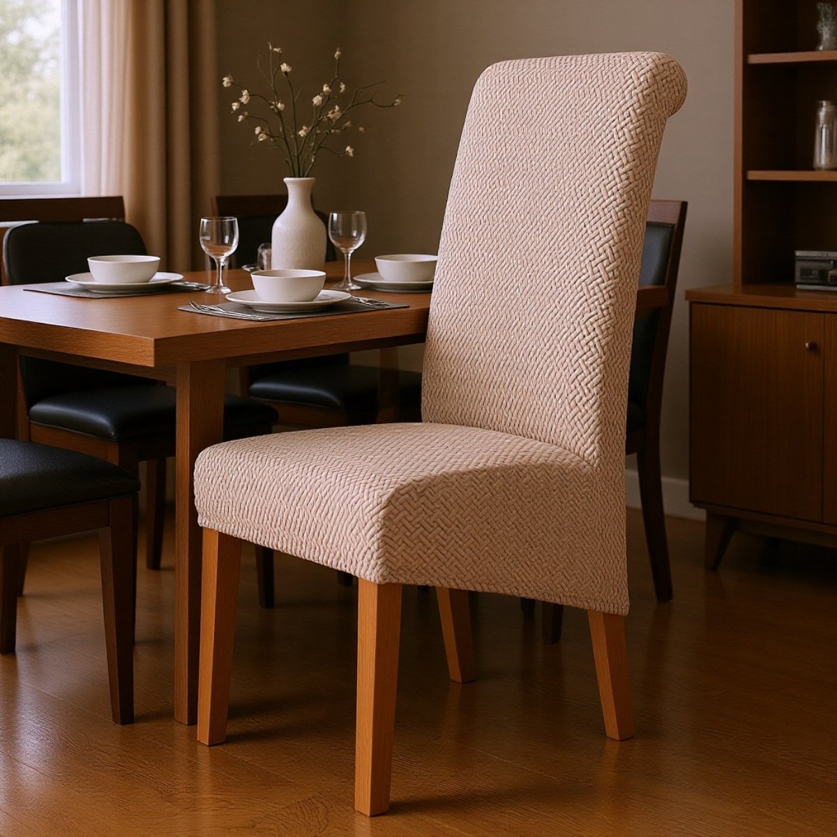 Chaise de salle à manger en tissu jacquard extensible, dossier haut, pour hôtel