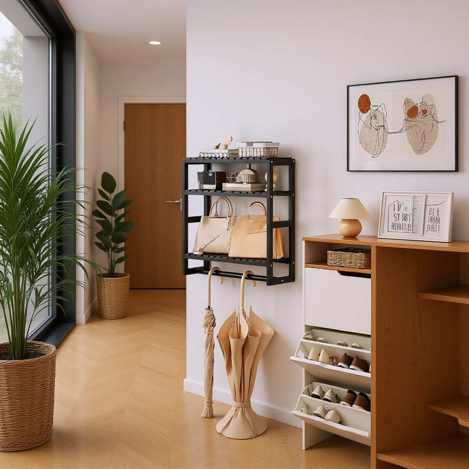 Nástěnný úložný regál do koupelny z masivního dřeva, vhodný pro kolej, kuchyň a chodbu