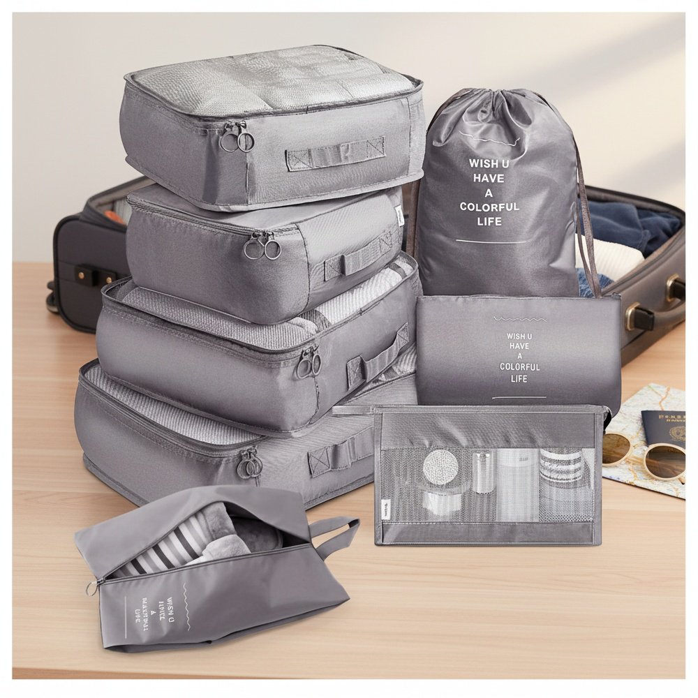 8pcs/set Packing Cubes For Suitcases, Travel Portable Clothes Storage Bags, Compression Storage Shoe
