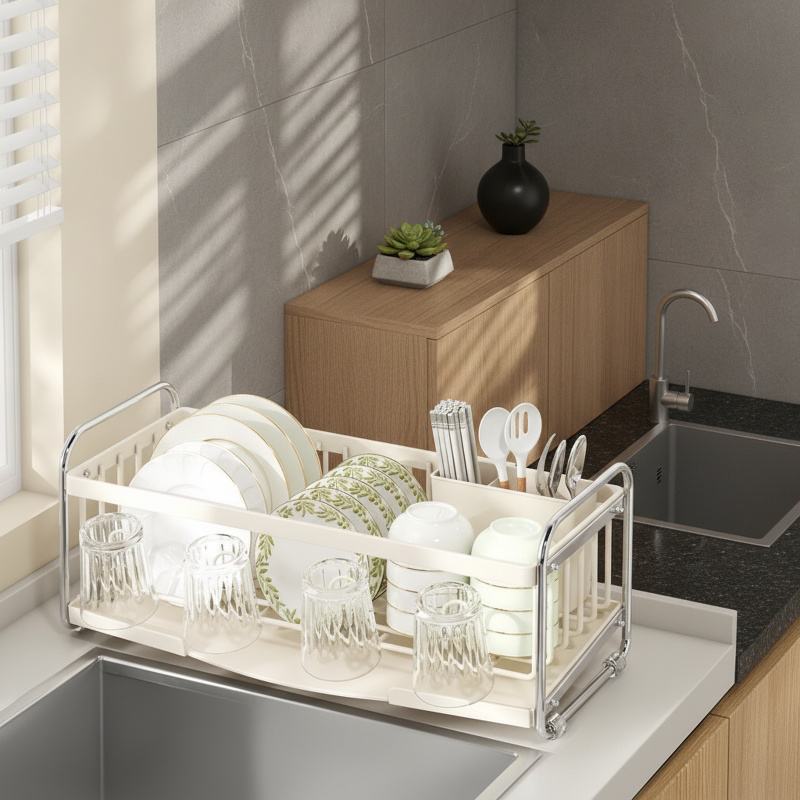 Kitchen Countertop Multifunctional Drain Rack with Knife and Chopstick Holder