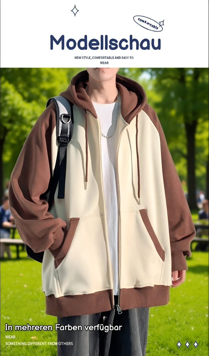 Detailansicht der Patchwork Kapuzenjacke mit Reißverschluss