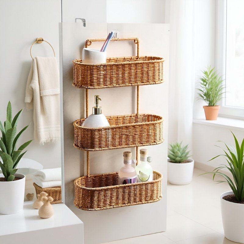 Multi-Layer Rattan-Style Bathroom Shelf, No-Drill Kitchen Storage Rack