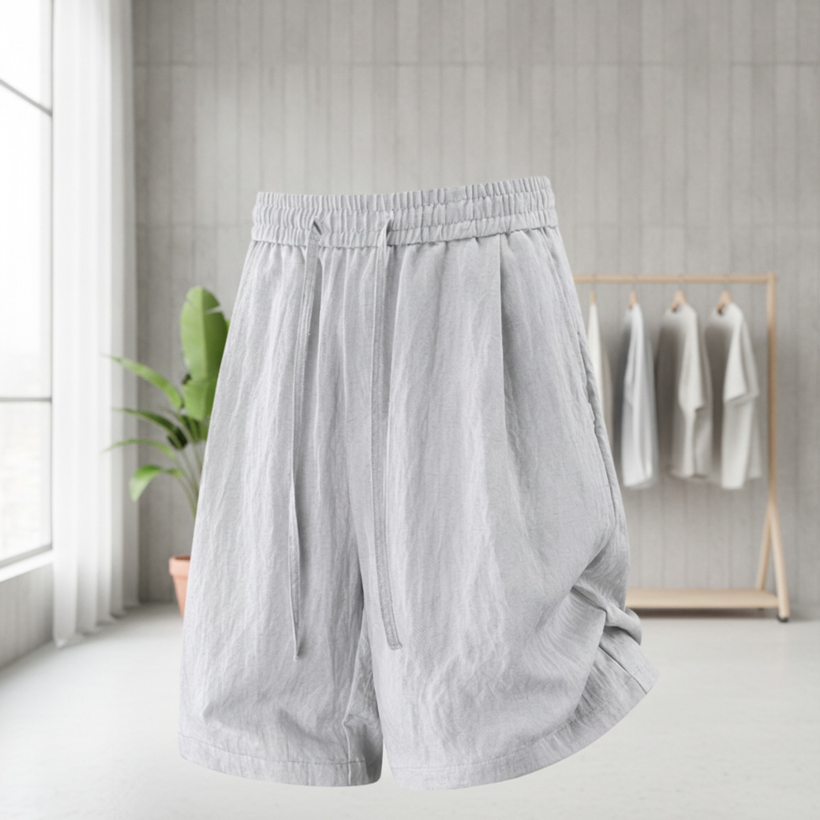 여름 남성용 얇은 린넨 반바지 와이드핏 밴딩 허리 홈웨어 5부 팬츠 다양한 색상