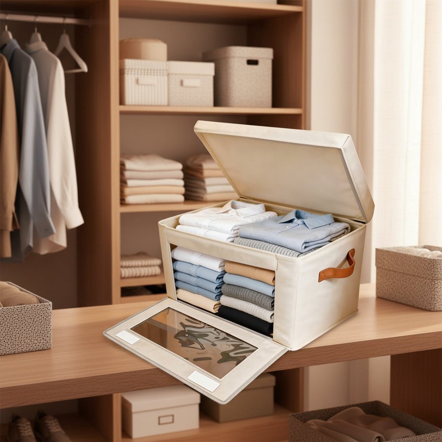 Folding Storage Box with Lid and Transparent Side Window, Wardrobe Organizer