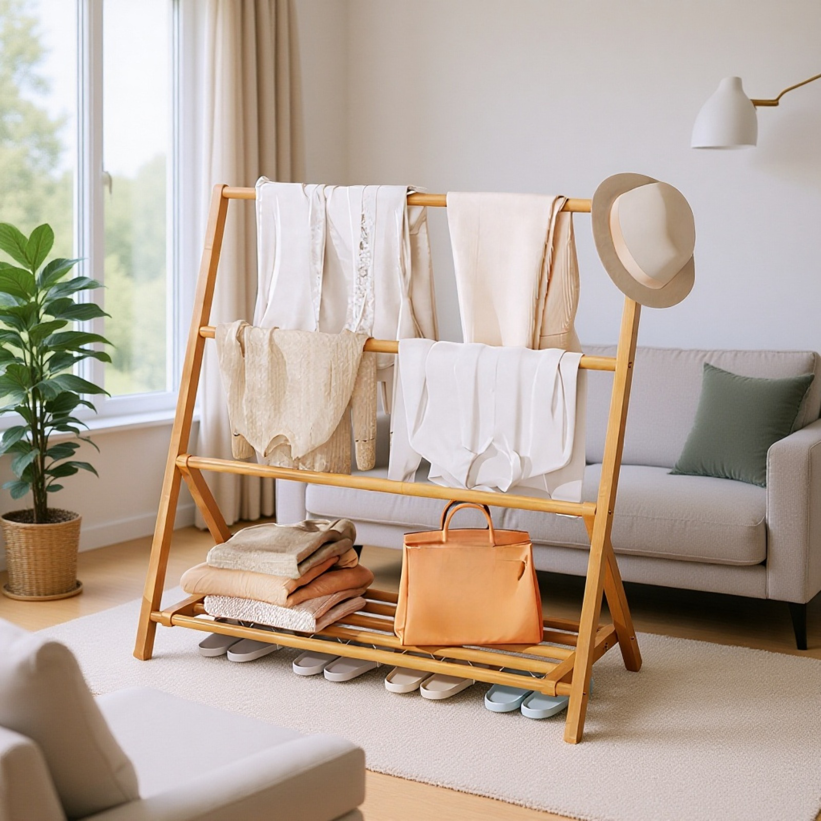 竹制折叠室内衣帽架 晾衣架  シンプル オシャレ 简易衣架 天然材质 无异味 方便收纳 一人暮らし 新生活応援