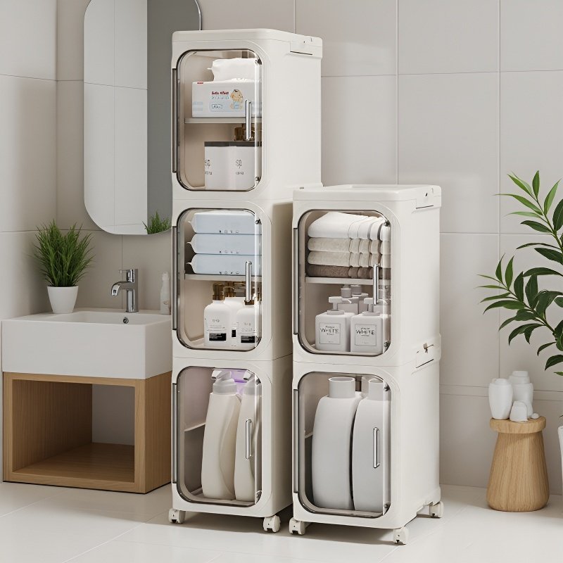 Gabinete organizador multifuncional para baño, mueble plegable de plástico para espacios reducidos