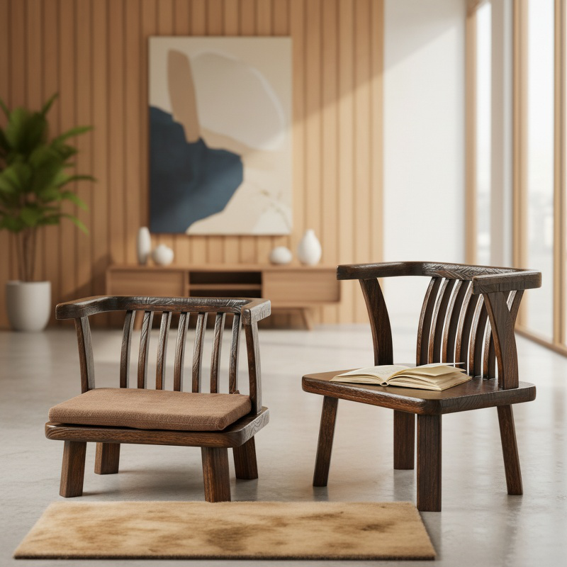 Chaise de balcon japonaise sans pieds en bois massif avec dossier vue de face