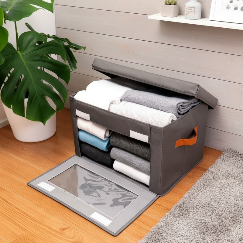 Side-opening fabric folding storage box with lid and transparent window