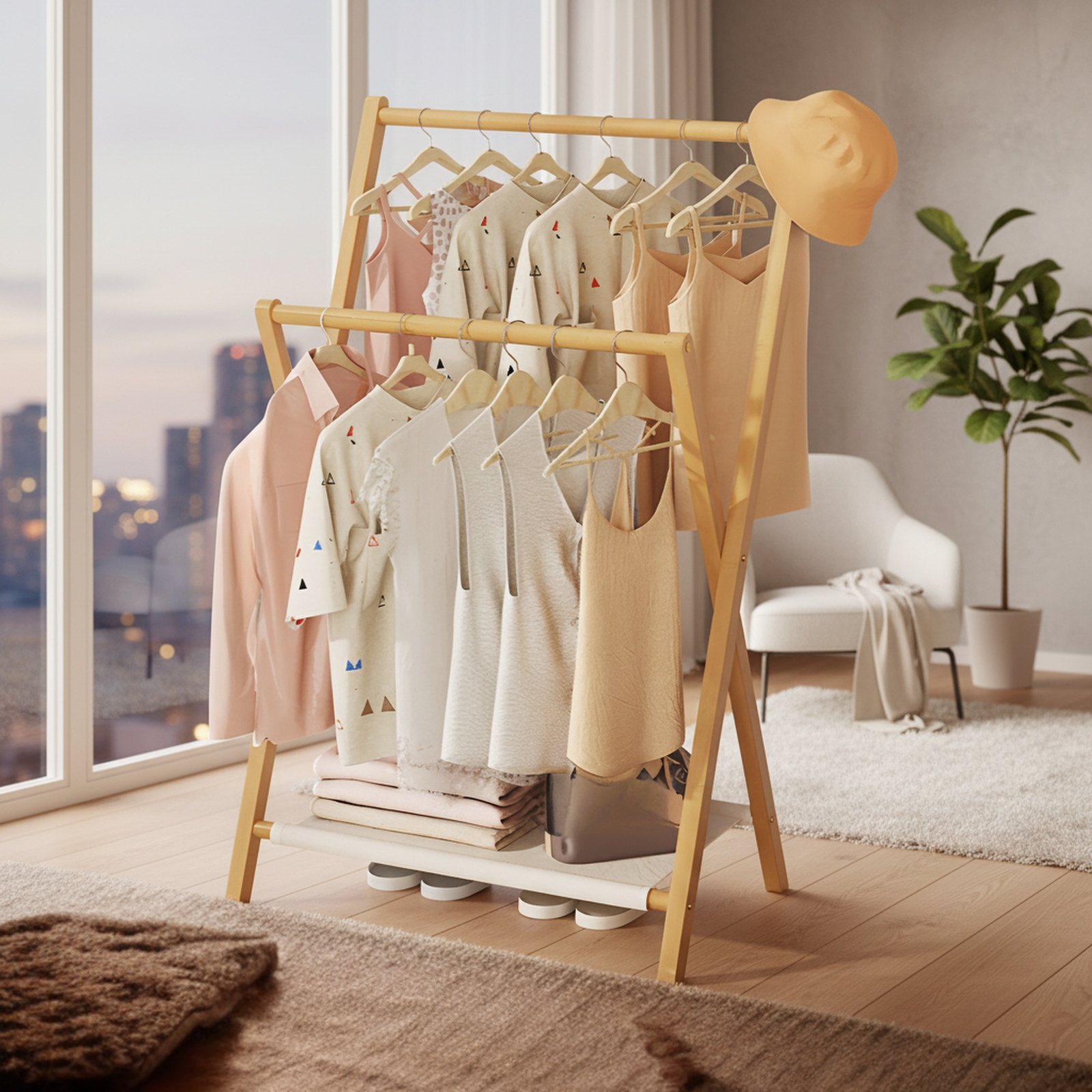 Foldable bamboo garment rack with hanging clothes