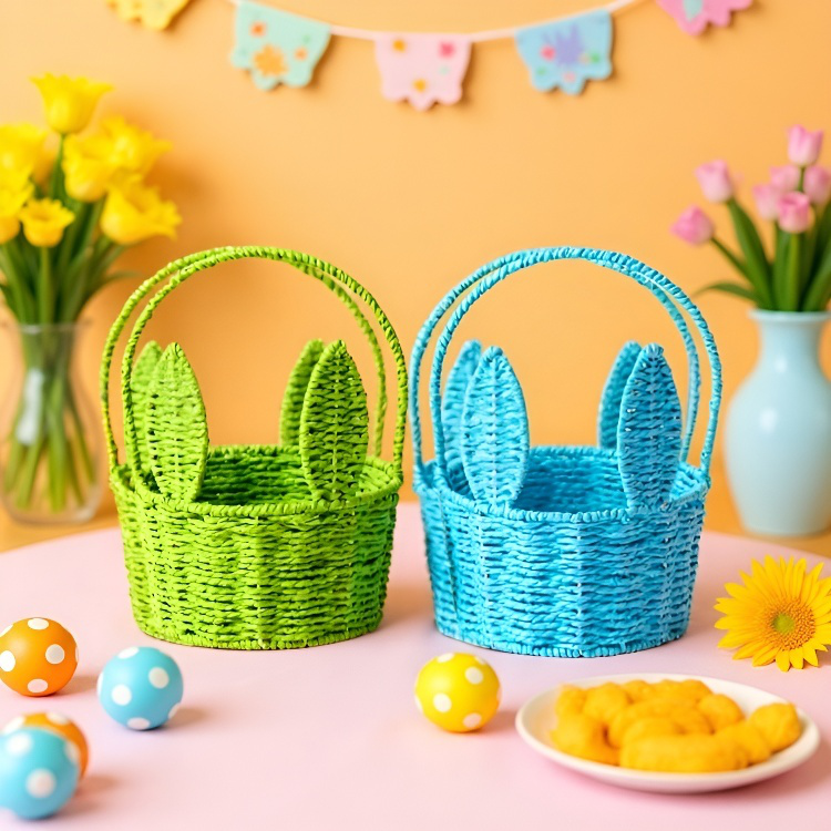 Cesta de mimbre decorativa en dormitorio