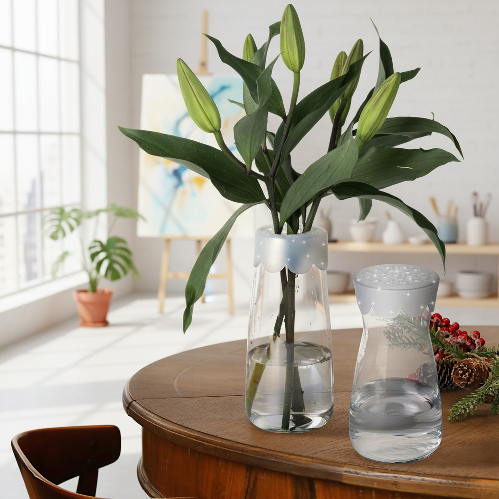 Reusable silicone flower holder on table