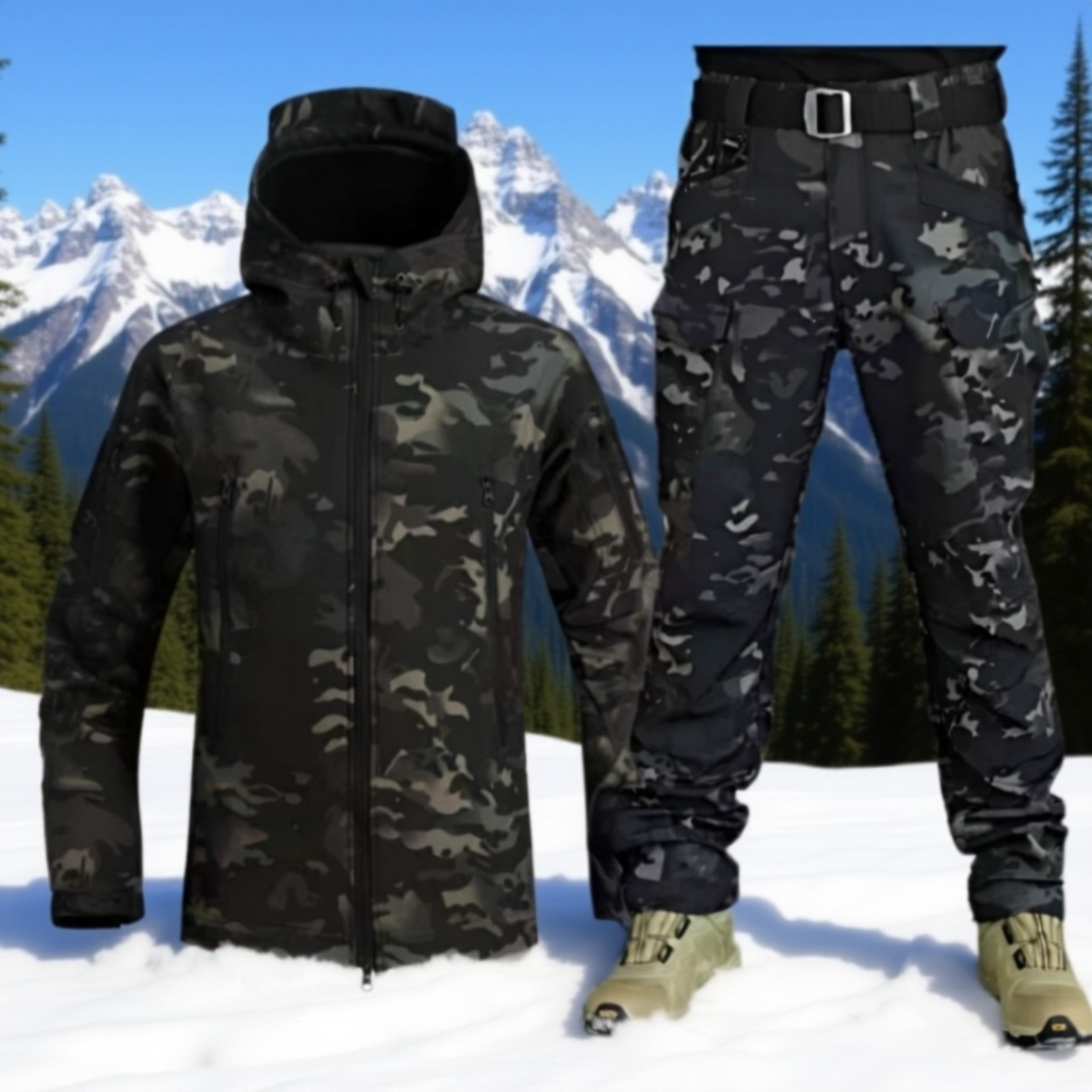 アウトドア用サメ皮防寒保温迷彩裏起毛厚手セット