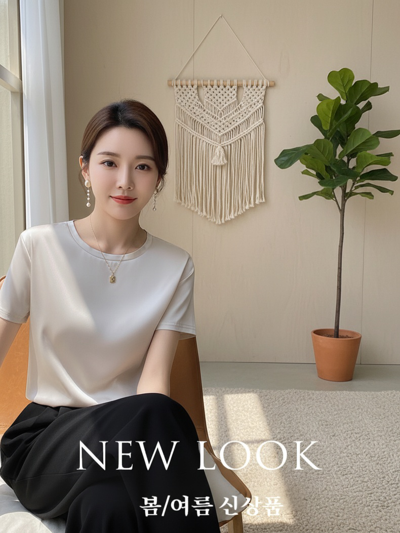 여하 루즈핏 뽕나무 실크 새틴 티셔츠 여 반팔 라운드 반팔 여름 여복 레깅스 아세트산 새틴 티셔츠