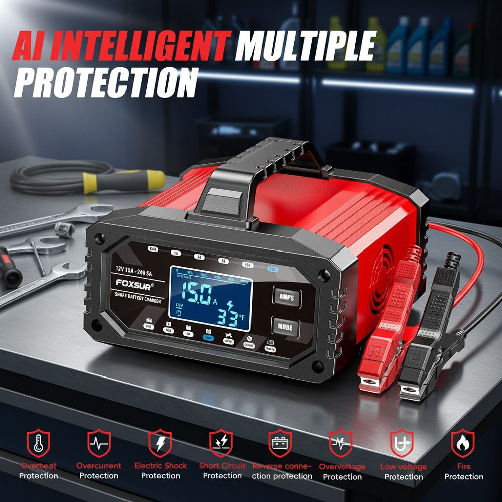 LCD Display Portable Multi-Function Battery Charger for Car Motorcycle Boat