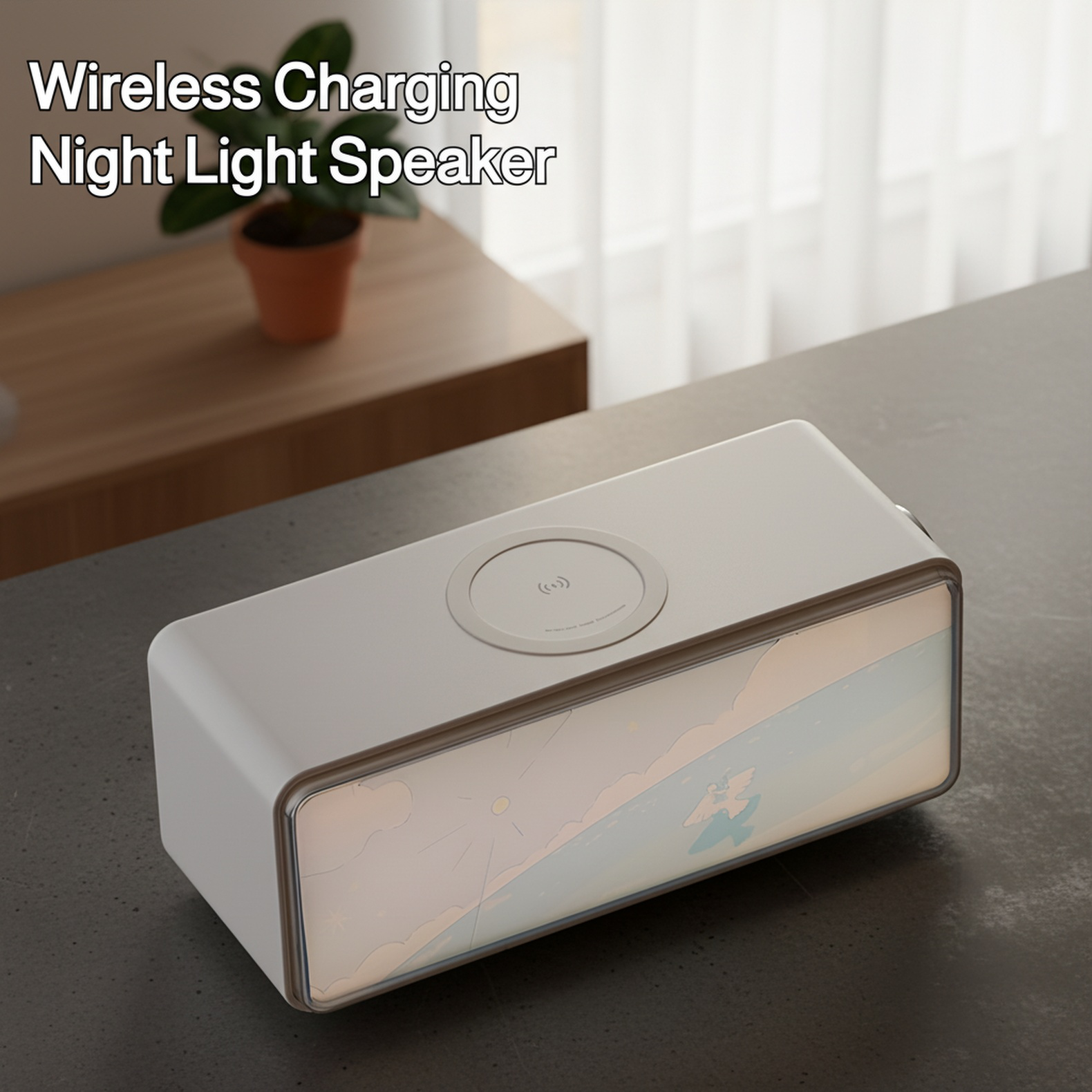 Close-up of Bluetooth speaker with ambient night light