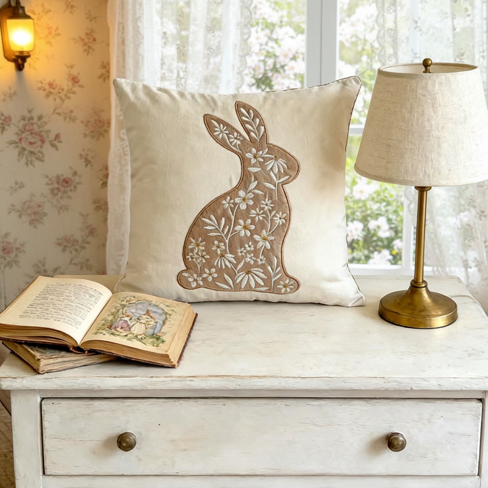 Cute Easter Bunny Embroidered Sofa Cushion Pillow Cover Holiday Decoration