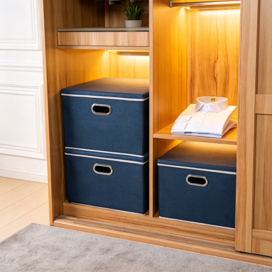 Set of 3 Foldable Closet Storage Bins with Lids, Linen Fabric Organizer Boxes