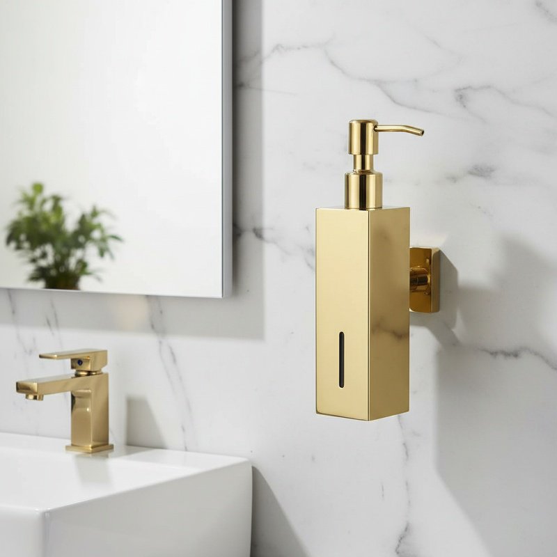 Distributeur de savon mural installé dans une salle de bain moderne