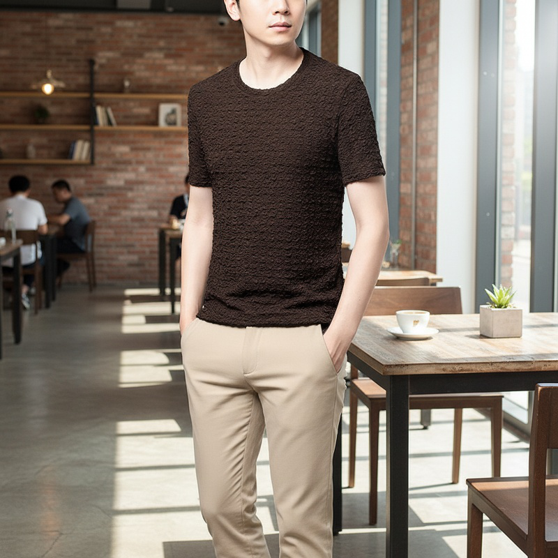 중 청년 여름 남성 무지 반팔 티 시어서커 라운드 반팔 티